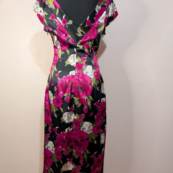Elegant Floral Satin Midi Sheath Dress - Portrait Neckline Cocktail Event Size 8 - Picture 6 of 10